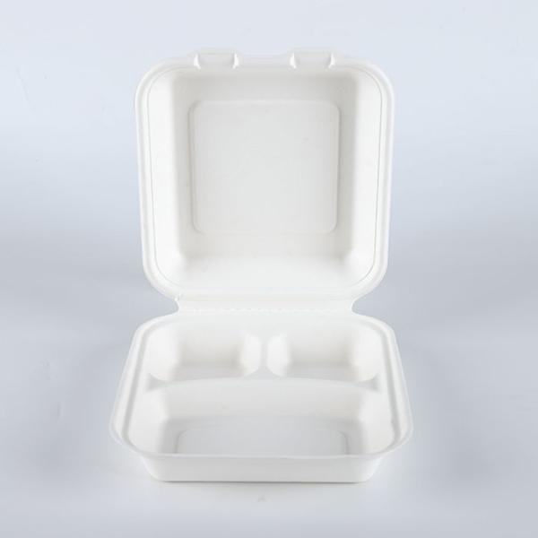 8x8 3 compartment bagasse pulp hinged delivery container box