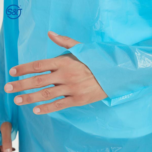 S&J Disposable CPE (Chlorinated Polyethylene) Isolation Gown Protective Gown with Thumb Loops Nonwoven AAMI Level