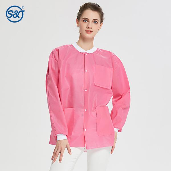 S&J 3-layers breathable SMS material anti-static lab coat hospital ladys pink nurse coat autoclavable and washable