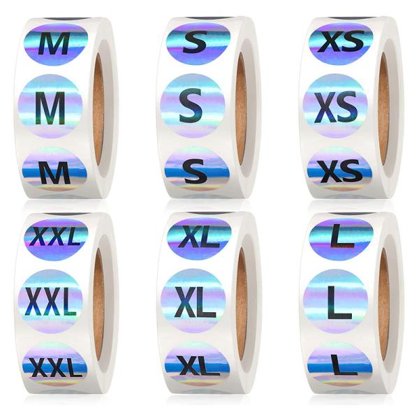 Holographic XS S M L XL XXL Retail T Shirt Clothing Label Adhesive Round Apparel Size Stickers Rolls