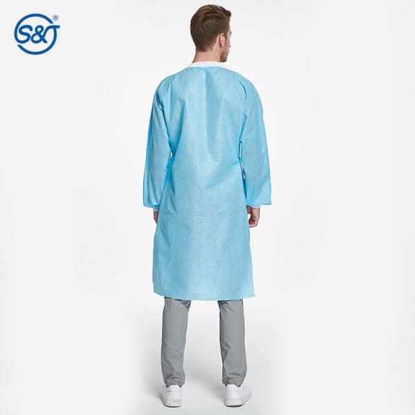 SMS Disposable Lab Coat Nonwoven Three Layers Knitted Collar and Cuffs Snap on Button Closure Three Pocktets Full Length