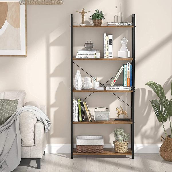 5 Tier Bookshelf, Industrial Tall Living Room Book Shelf Storage Organizer, Metal Wood Modern Simple Display Shelf