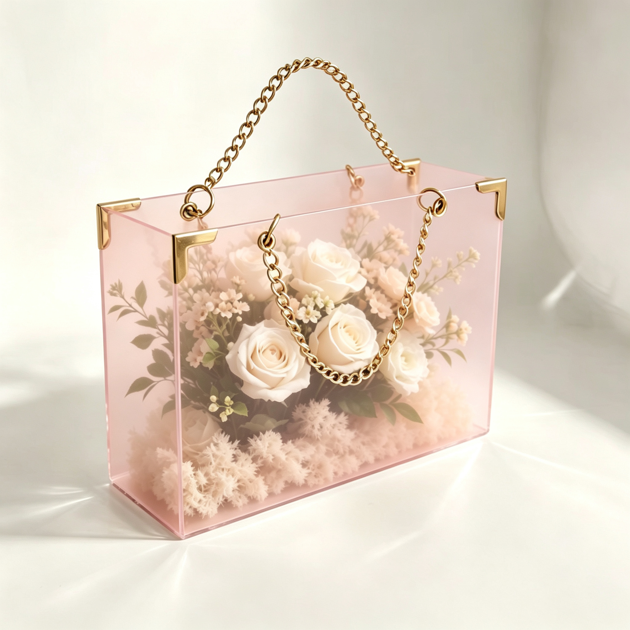 Clear Acrylic Flower Box Handbag with Gold Chain Handle — Transparent Acrylic Bag Floral Gift Tote for Wedding Favors, Bridesmaid Proposals & Event Deco