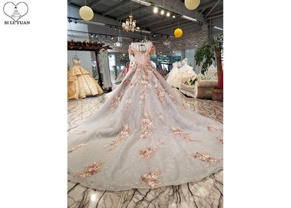 Long Tailor Made Prom Dresses Short Sleeve Dresses Pink Flowers Grey Beading