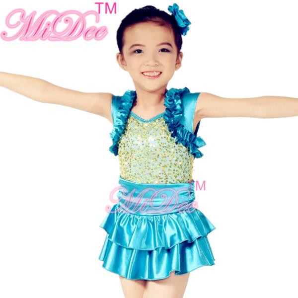 Satin Tiers Skirt Ruffle Neckline Confetti Sequins On Bodice Dress Dance Clothes for Kids' Performance