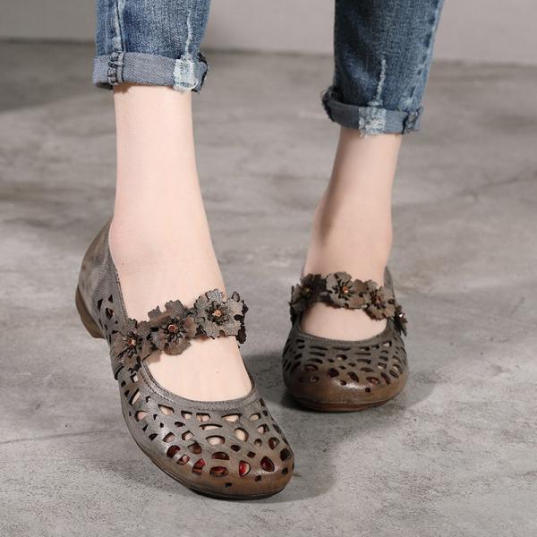 S428Spring And Summer Flowers Hollow Sweet Temperament Leather Handmade Women'S Shoes Round Toe All-Match Single Shoe Ma