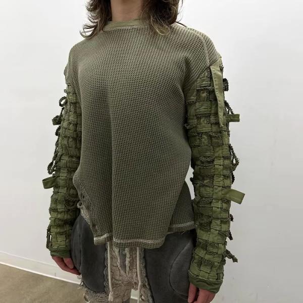 Streetwear Boxy Long Sleeve Tee Embroidery Waffle Knit Vintage Full Sleeve T Shirt