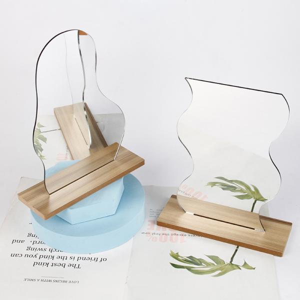 Curvy Portable Lighted Makeup Mirror Wood Stand For Vanity