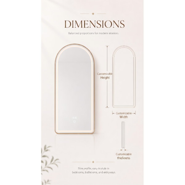 Kingstin Arch Smart LED Bathroom Vanity Mirror with Time Display 3 Colors Dimmable Aluminum Gold Frame Backlit Wall Mounted