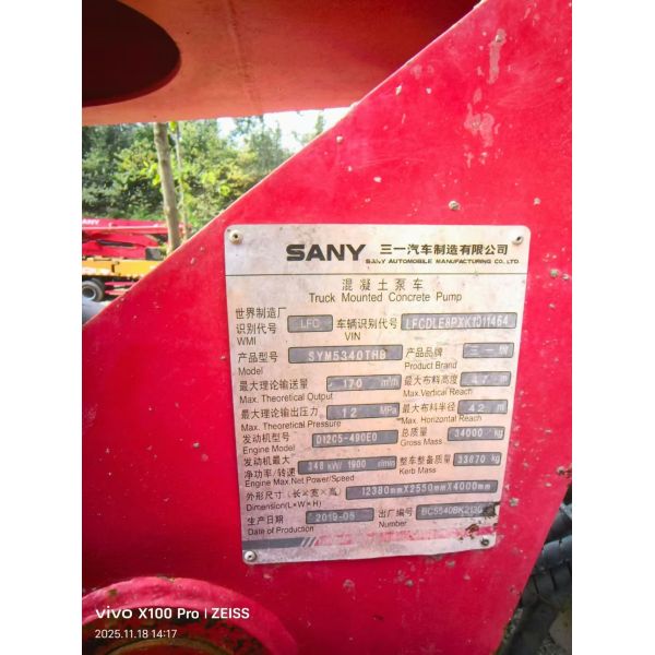 Used SANY SYM5340THB Concrete Pump Truck – 2019 Model | 47 m Boom | 170 m³/H Output