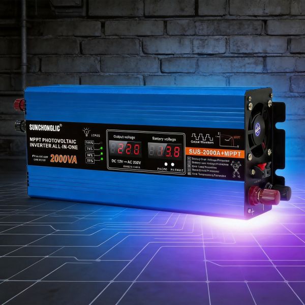 This 2000W MPPT solar charge inverter features a modified sine wave output and converts 12V DC to 220V AC power.