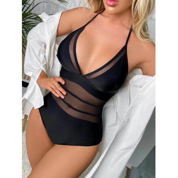 Black Ladies One Piece Swimsuit Mesh High Waist Backless Sexy Black One Piece Bikini