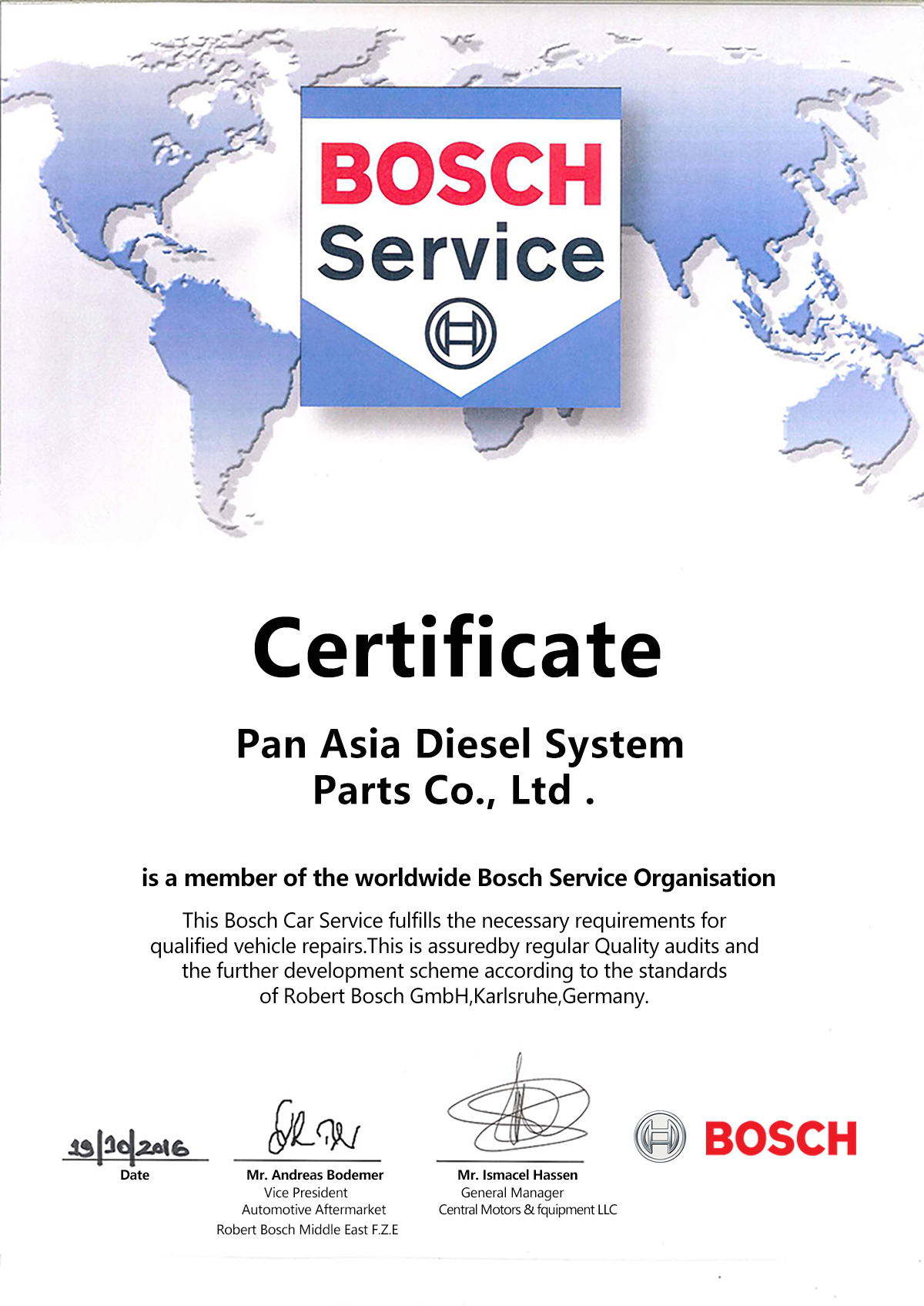 Pan Asia Diesel System Parts Co., Ltd. Certifications