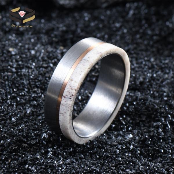 Unique and Eye-catching 8mm Handmade Natural Deer Antler Ring Inlay Rose Gold Circle Tungsten Wedding Rings for Men