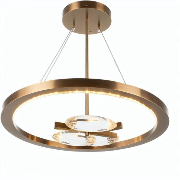 Adjustable Height Modern Brass Circular Chandelier with Oval Crystal Pendant