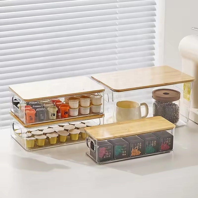 Hot Selling Plastic Transparent Box Stackable Food Storage Bin Kitchen Storage Containers with Wooden Lid