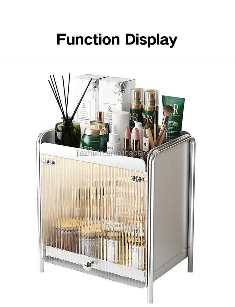 Bedroom Desktop With Cabinet Doors Makeup Display Cabinet Organize Shelf 2 Tier Spice Storage Rack Metal Dust Proof Cup Holder
