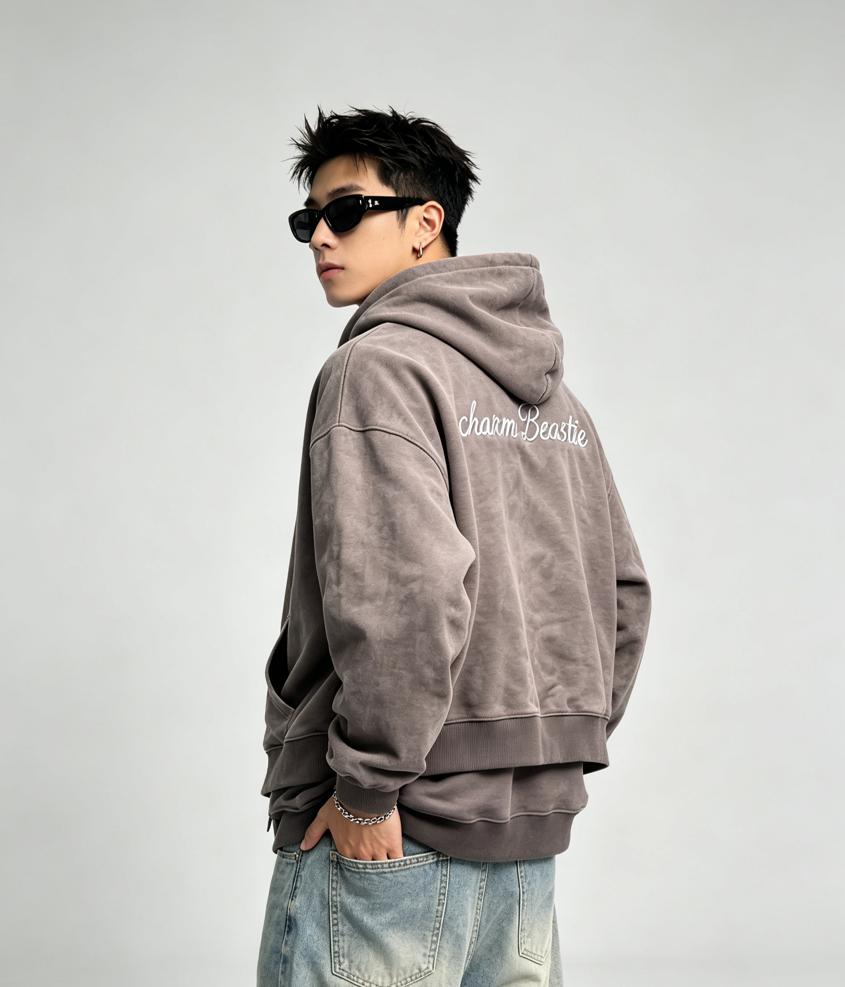 Double Layer Mens Zip Up Hoodie Embroidery Oversized Hoodie Streetwear Vintage