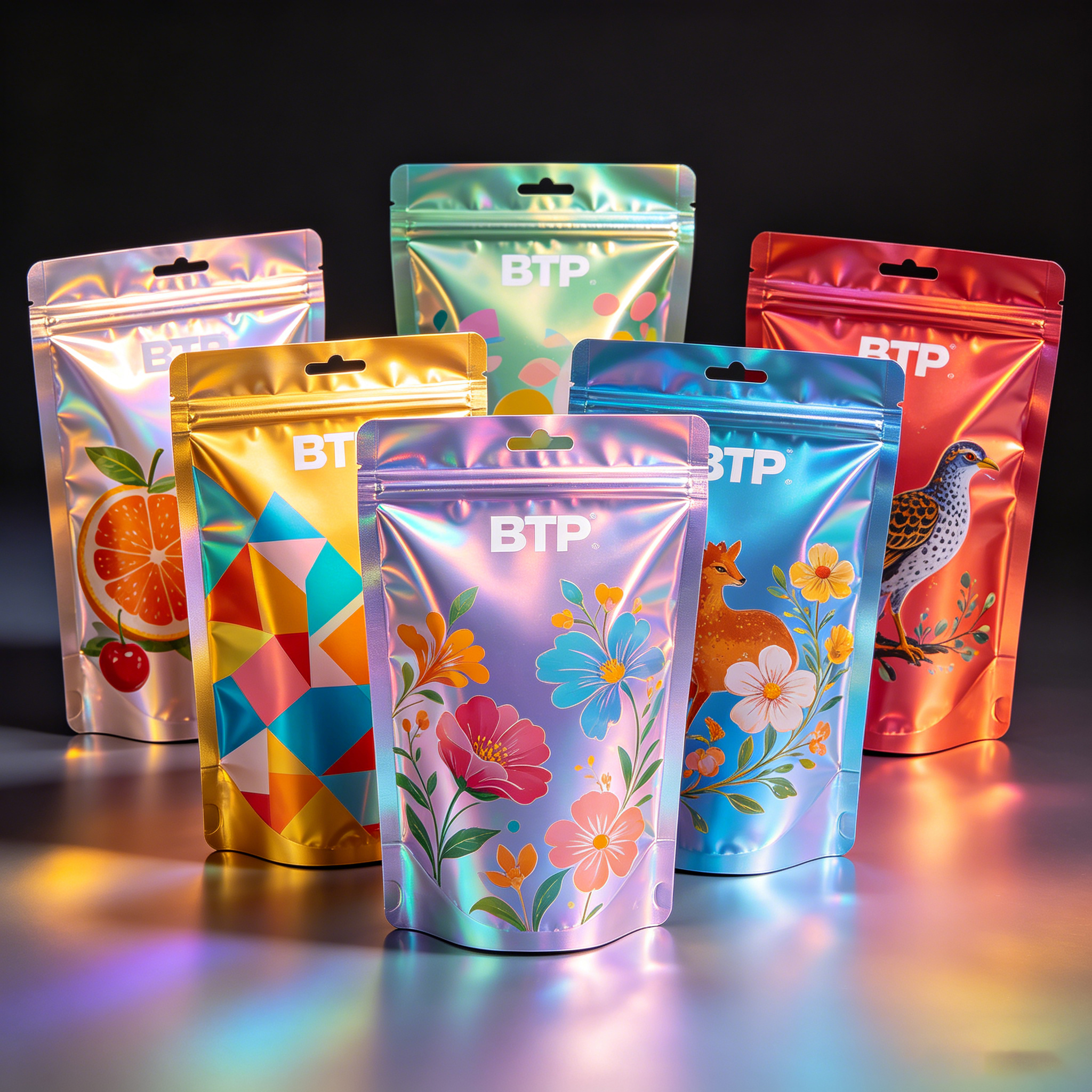 Custom Holographic Stand Up Ziplock Food Packaging Bags Low MOQ 100 For Snack