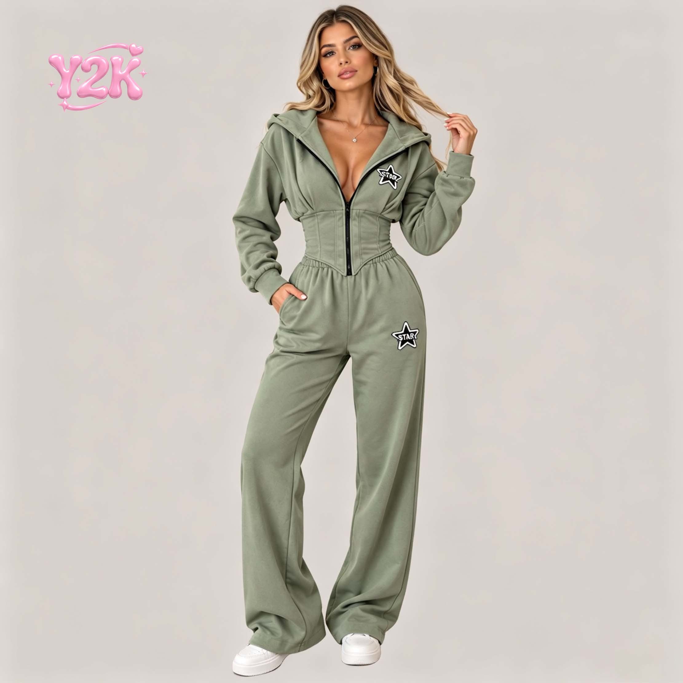 Custom Women Tracksuit Corset Zip Hoodie Pointed Hem Wide Leg Sweatpants Cotton Fleece Y2K Casual Lounge Streetwear Two Piece Set