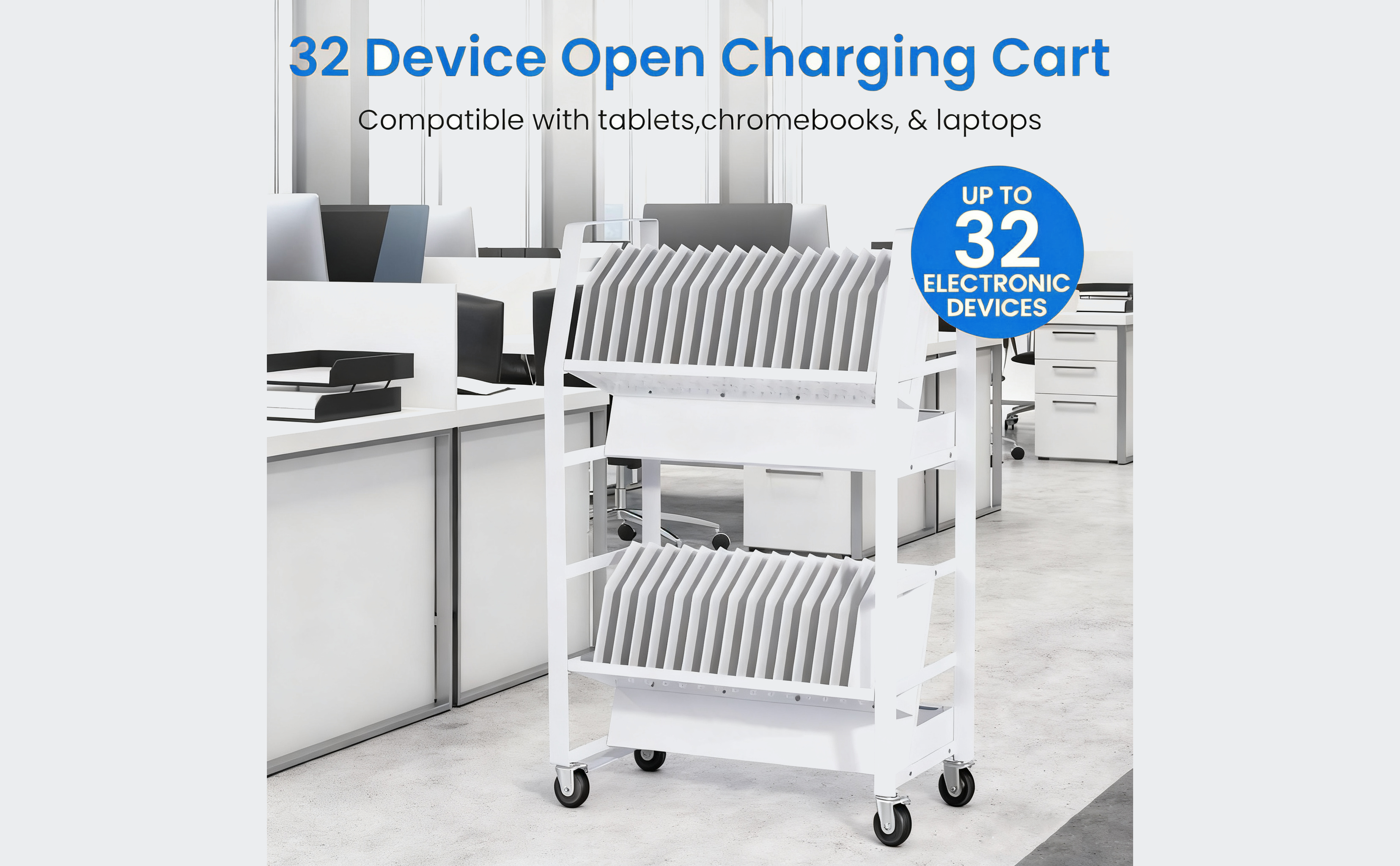 32 Device Tablet & Laptop Charging Cart With Adjustable Slots | Secure Mobile Charging Station