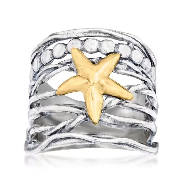 Anneau d'étoiles de mer de Multi-rangée de Sterling Silver et de l'or 14kt jaune