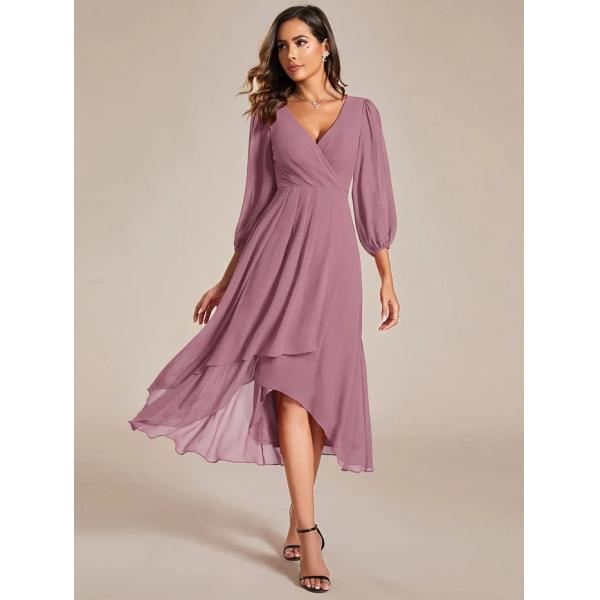 Ruffled A-line Long Sleeve V-neck High-low Wedding Guest Purple Orchid Chiffon Bridesmaid Dress