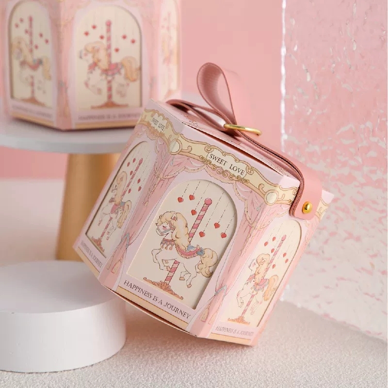 Hexagonal Paper Favor Boxes Strap Handle For Wedding Party Candy