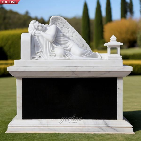 Outdoor Natural White Marble Sleeping Angel Statue Bench Headstone