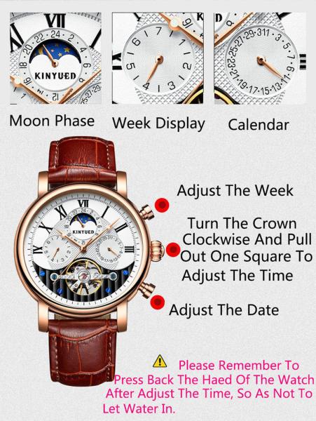 KINYUED moon phase skeleton watch tourbillon mens automatic mechanical watch luxury