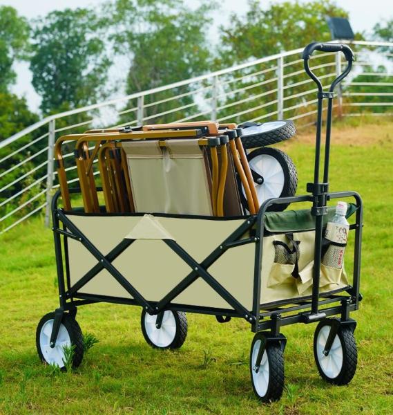 Custom Wholesale Outdoor Push Pull Collapsible Easy To Carry Camping Folding Wagon With Big Wheels