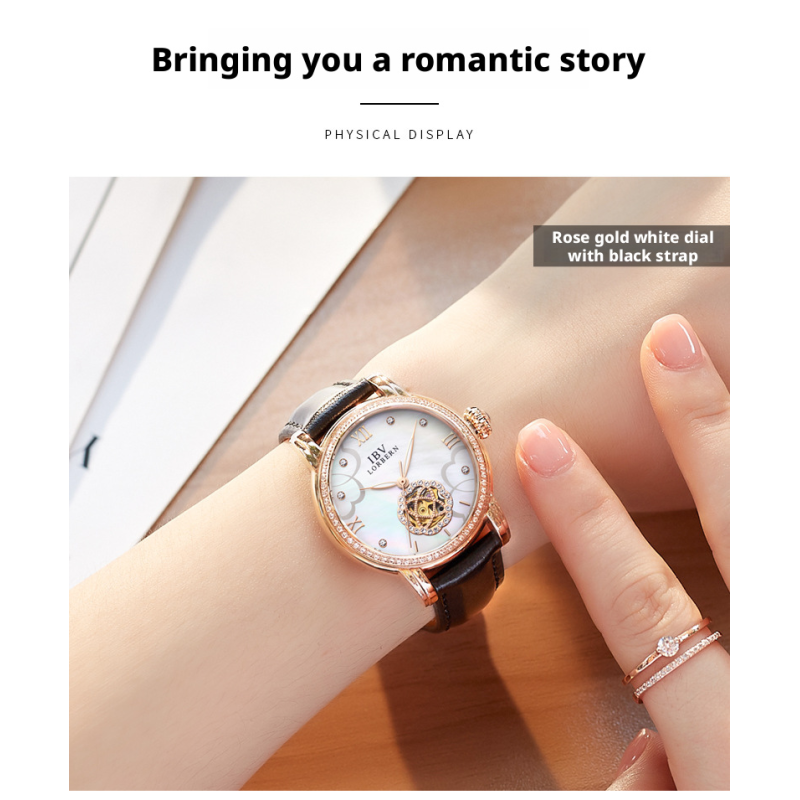 Rose Gold Skeleton Mechanical Ladies Watch Mother Of Pearl Dial Crystal Bezel Genuine Leather Strap 3 Colors Luxury Women Dress Wrist Watch Gift