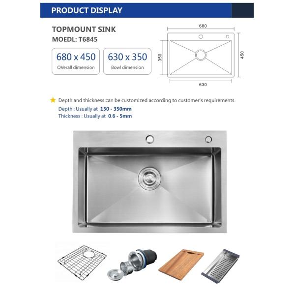 Topmount Stainless Steel Kitchen Sink Brushed Single Bowl 18 Gauge 68x45