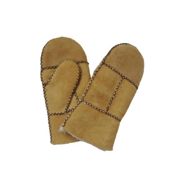 Bilberry Cheap Patched Sheepskin Lamb Fur Mittens with Belt for lady brown color
