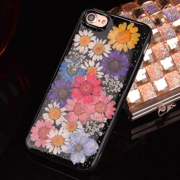 Soft TPU Black Colorful Real Flowers Specimen Cell Phone Case Back Cover for iPhone7 7 plus 6s plus
