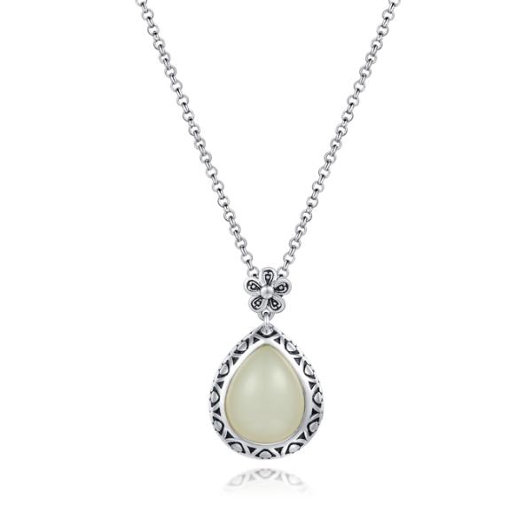 Flower Lock Carved White Jade Pendant 12x15mm Pear Shaped Silver Stone Pendant
