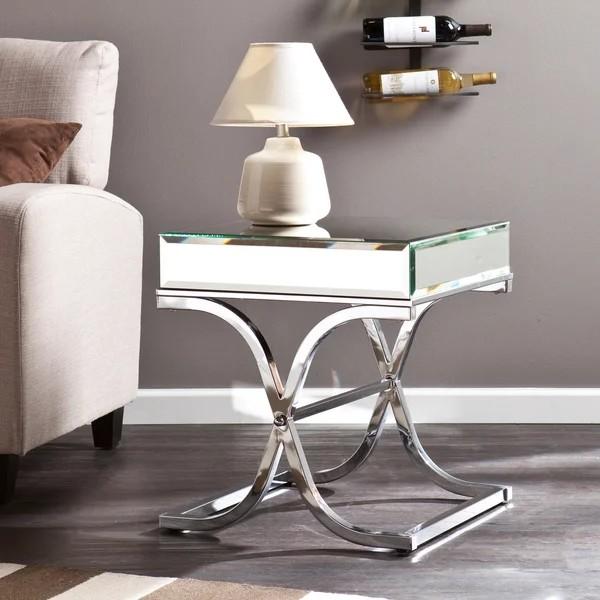 Modern mirrored side table stanieless steel base glass top corner table for hotel home