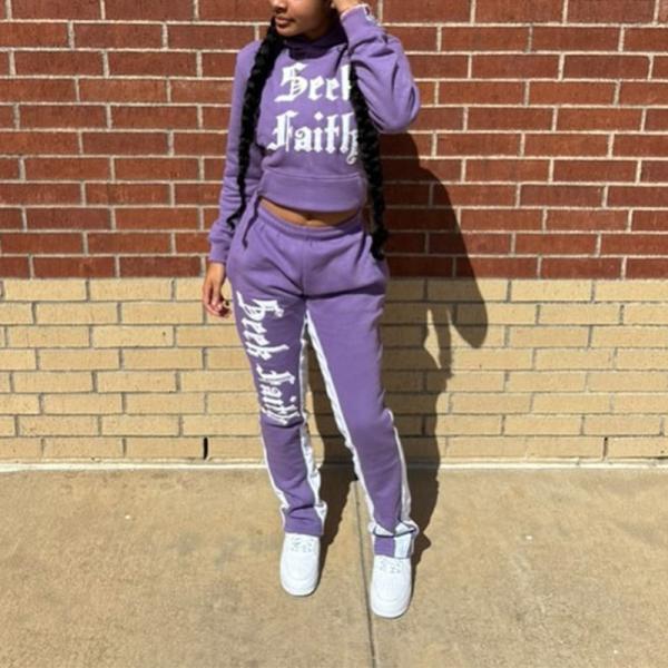 Clothing Manufacturers Custom Women Boxy Fit Crop 3d Puff Print Hoodie Jogger Set Hoodie and Flared Baggy Stacked Sweatpants Set