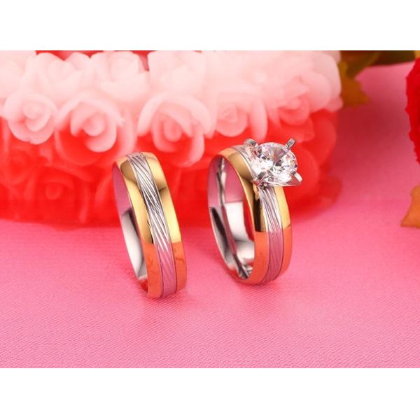 Couple Stainless Steel Wedding Band Set Yellow Gold Filled Round CZ for Women Men