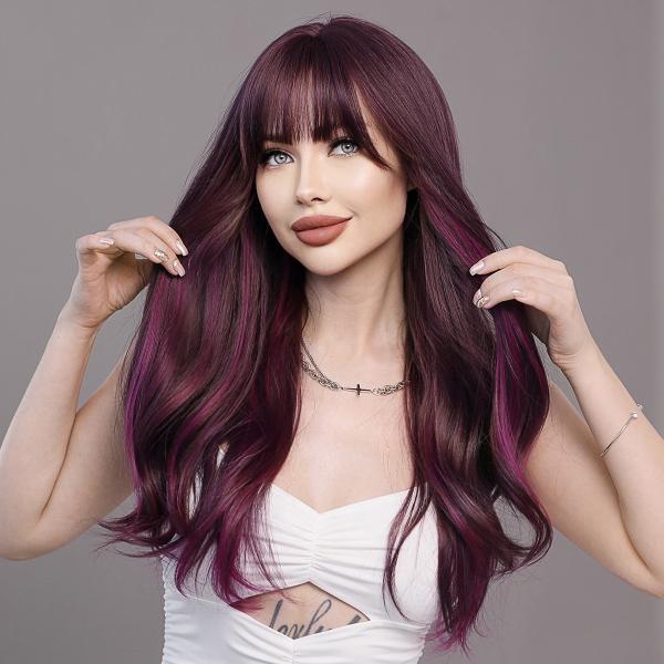 Fashion Long Body Wave Hair Dark Wine Synthetic Wigs For Women