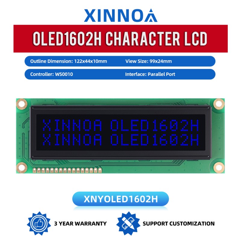OLED1602H Black Film, 16×2 Character LCD Module,WS0010 Controller, Parallel Port Interface, 99x24mm View Size,Working Temperature -40+80 Display