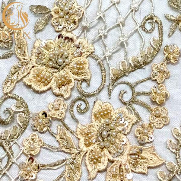 Ткань шнурка Applique нейлона 3D 20% тяжелая вышитая бисером с цветочным узором