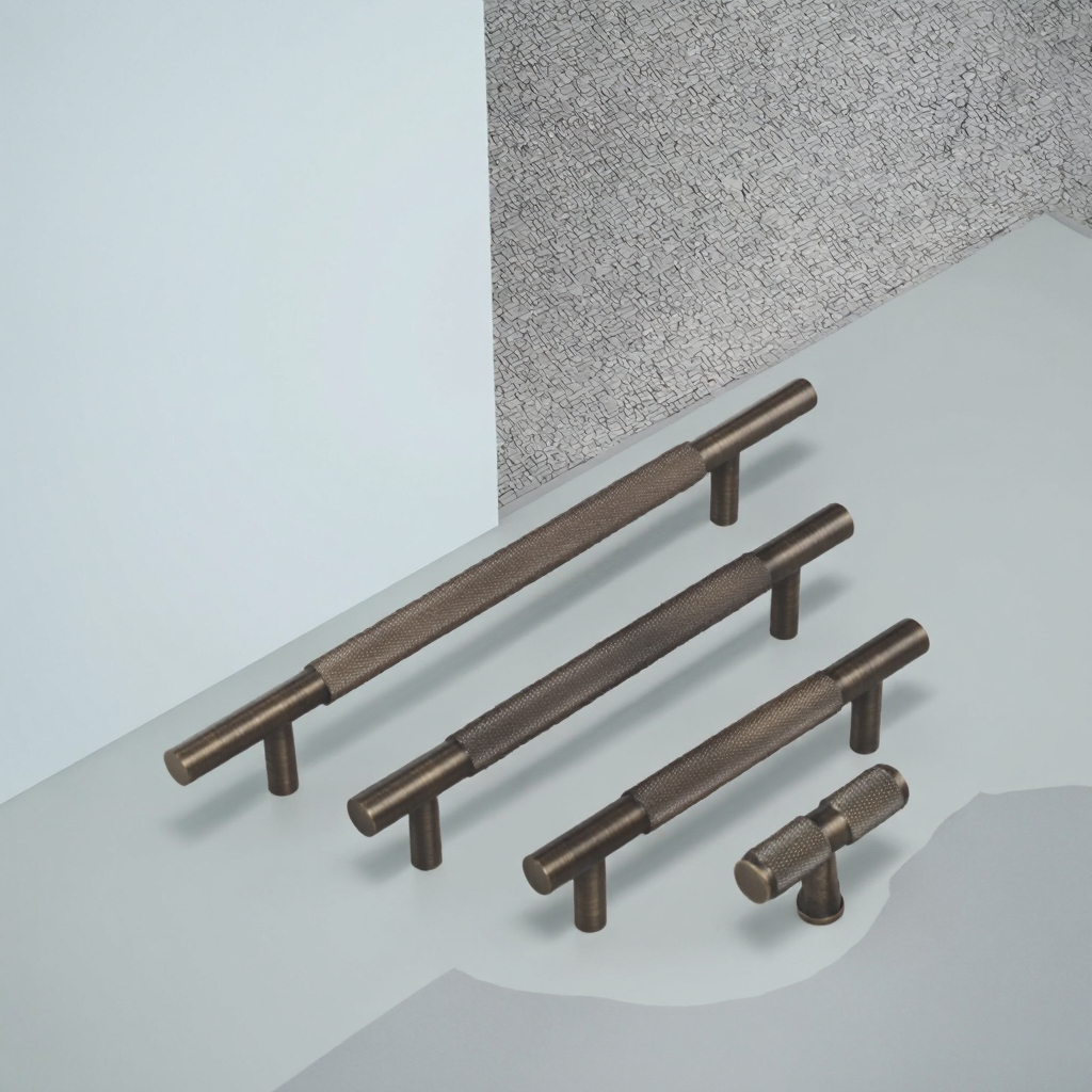 Modernity Minimalist Nordic Brass T-Bar Long Handle Adjustable Cabinet Wardrobe Door Hardware with Knurled Door Knob