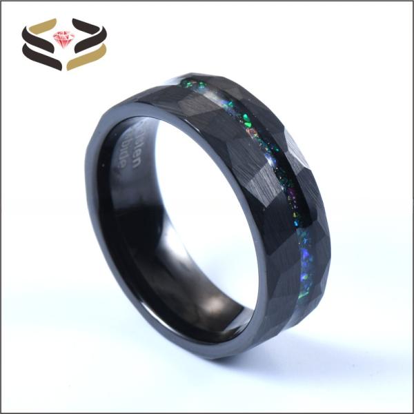 Anneaux de mariage en tungstène noir facetté pour hommes 8 mm avec incrustation de type perle et incrustation d'opale Galaxy