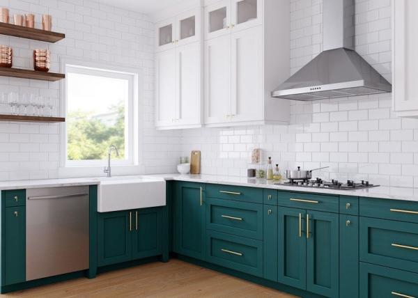 White kitchen green cabinets furniture from Foshan supplier white quartz stone countertop and base dishwasher