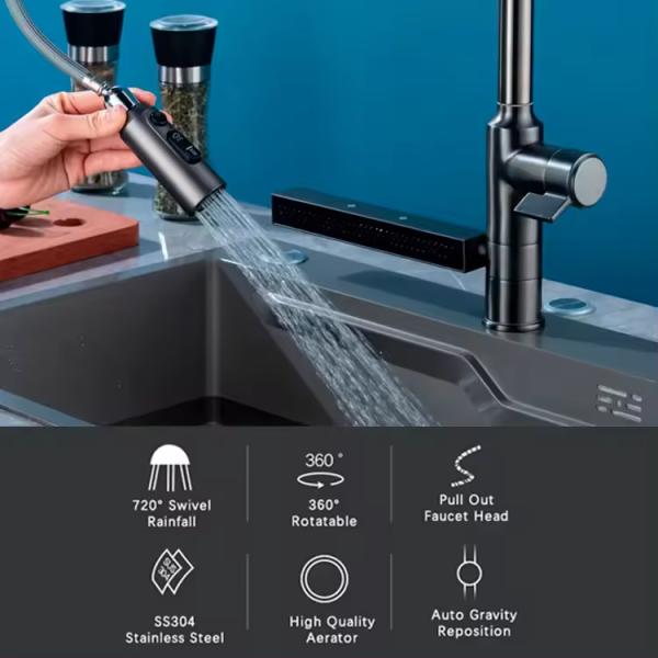 Pull Out Spray Type Kitchen Sink Waterfall Faucet Mixer 360 Degree Rotation Extender