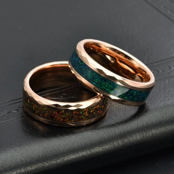 Bague de mariage pour homme en opale bleue de 8 mm, or rose, tungstène facetté, incrustation d'opale colorée broyée, bague de fiançailles de luxe, promesse