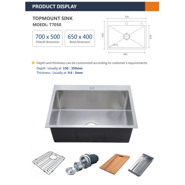 PVD NANO Topmount Stainless Steel Kitchen Sink Brushed 16 Gauge Single Bowl 70x50