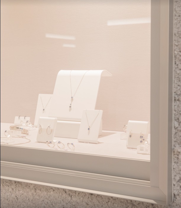 Minimalist Terrazzo LED Lit Jewelry Reception Desk & Wall Display Case Set High-End Custom Design for Luxury Boutique
