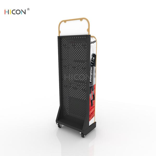 Customized Black Metal Pegboard Battery Display Stand with Hooks